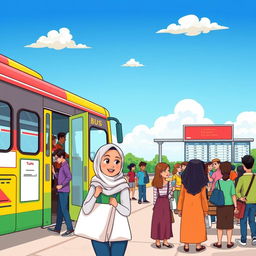 A cartoon scene at a busy bus station showing a colorful bus with doors open