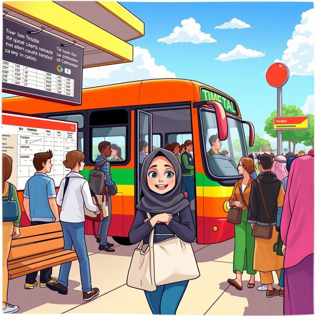 A cartoon scene at a busy bus station showing a colorful bus with doors open