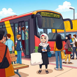 A cartoon scene at a busy bus station showing a colorful bus with doors open
