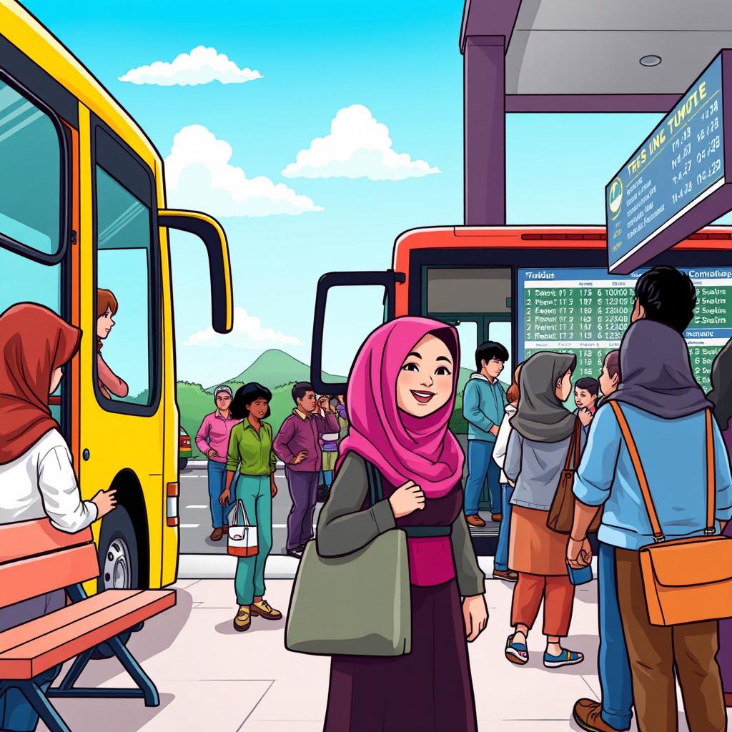 A cartoon scene at a busy bus station showing a colorful bus with doors open