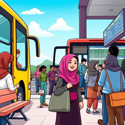 A cartoon scene at a busy bus station showing a colorful bus with doors open