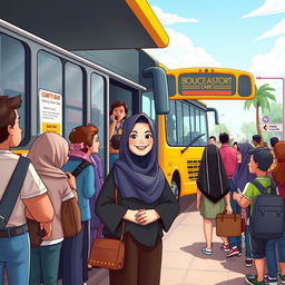 A colorful cartoon scene depicting a lively bus station filled with people boarding a bus
