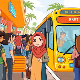 A colorful cartoon scene depicting a lively bus station filled with people boarding a bus