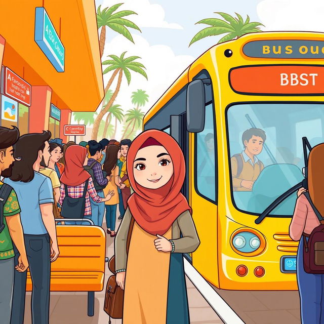 A colorful cartoon scene depicting a lively bus station filled with people boarding a bus