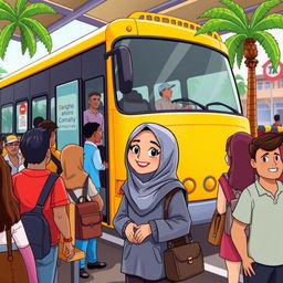 A colorful cartoon scene depicting a lively bus station filled with people boarding a bus