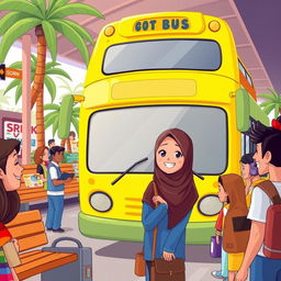 A colorful cartoon scene depicting a lively bus station filled with people boarding a bus