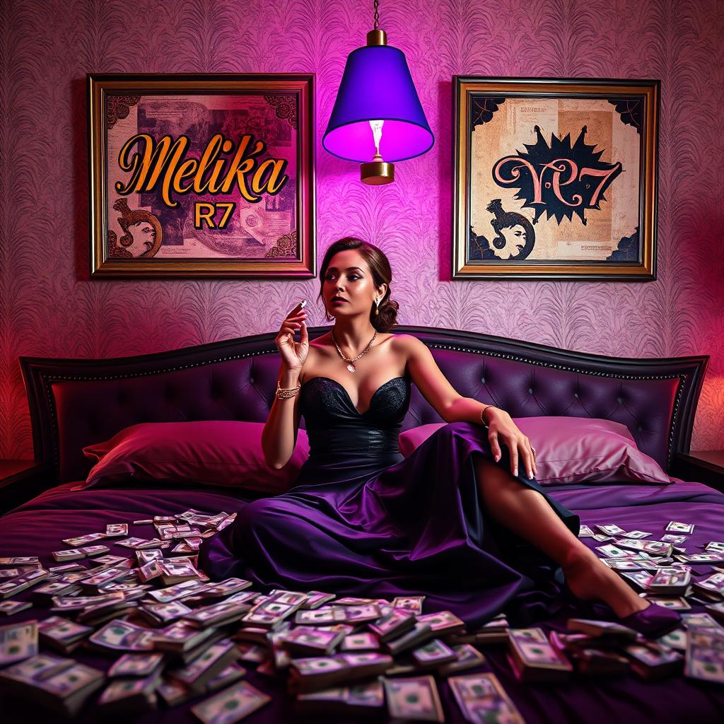 A wealthy woman sitting elegantly on a lavish bed, smoking a cigarette