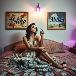 A wealthy woman sitting elegantly on a lavish bed, smoking a cigarette