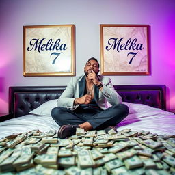A wealthy man sitting confidently on a luxurious bed, smoking a cigarette