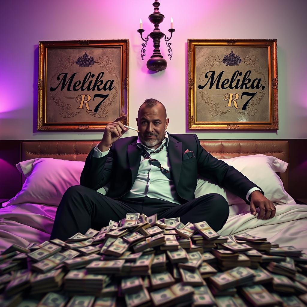 A wealthy man sitting confidently on a luxurious bed, smoking a cigarette