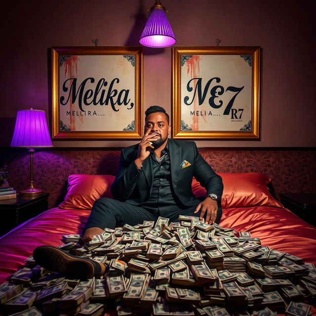 A wealthy man sitting confidently on a luxurious bed, smoking a cigarette