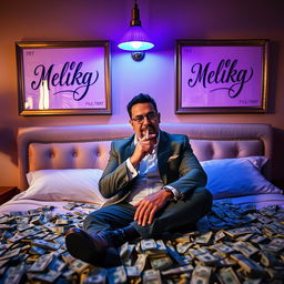 A wealthy man sitting confidently on a luxurious bed, smoking a cigarette