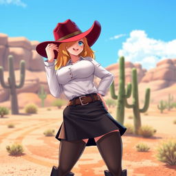 A 3D anime-style illustration of a sexy blonde cowgirl with medium length hair, dressed in a dark miniskirt and dark boots, wearing a stylish white blouse that highlights her big boobs