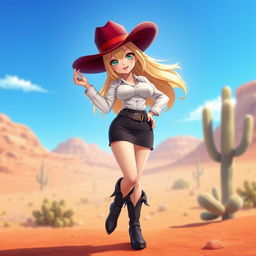 A 3D anime-style illustration of a sexy blonde cowgirl with medium length hair, dressed in a dark miniskirt and dark boots, wearing a stylish white blouse that highlights her big boobs