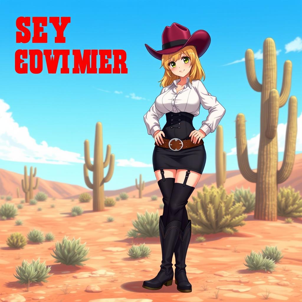 A 3D anime-style illustration of a sexy blonde cowgirl with medium length hair, dressed in a dark miniskirt and dark boots, wearing a stylish white blouse that highlights her big boobs