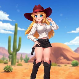 A 3D anime-style illustration of a sexy blonde cowgirl with medium length hair, dressed in a dark miniskirt and dark boots, wearing a stylish white blouse that highlights her big boobs