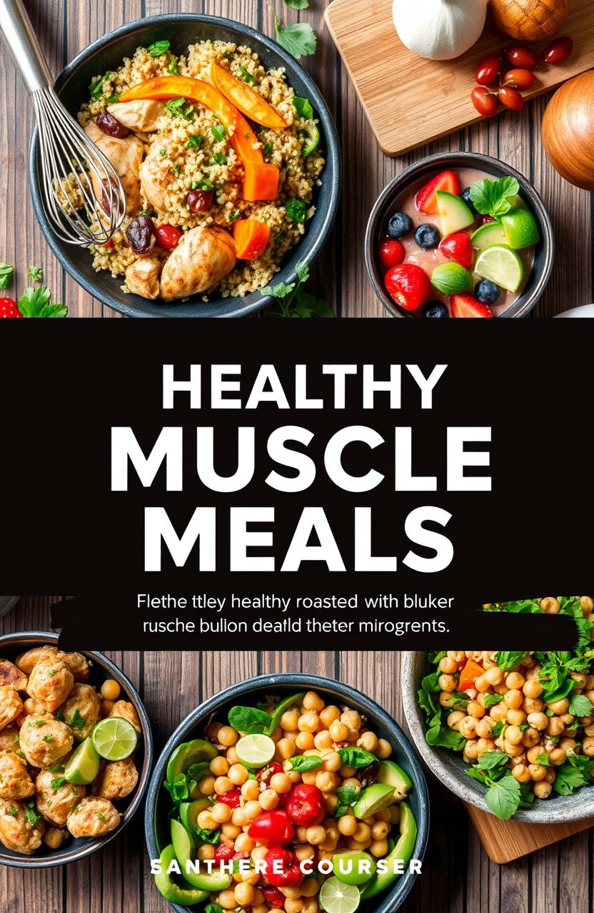 A beautifully arranged and curated cookbook cover featuring vibrant, healthy meals designed for building muscle