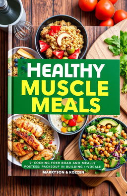 A beautifully arranged and curated cookbook cover featuring vibrant, healthy meals designed for building muscle