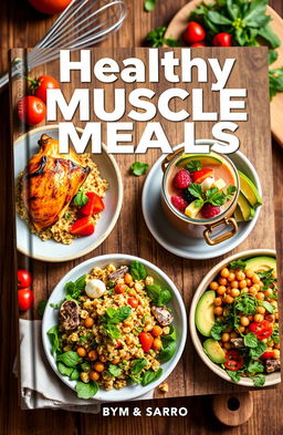 A beautifully arranged and curated cookbook cover featuring vibrant, healthy meals designed for building muscle
