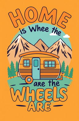 A vibrant and modern t-shirt design featuring the phrase "Home is Where the Wheels Are" in bold, playful typography