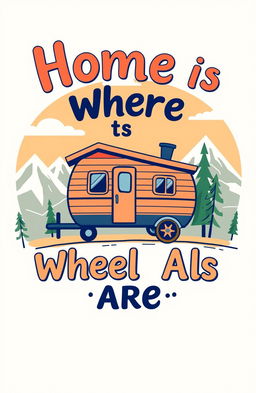 A vibrant and modern t-shirt design featuring the phrase "Home is Where the Wheels Are" in bold, playful typography