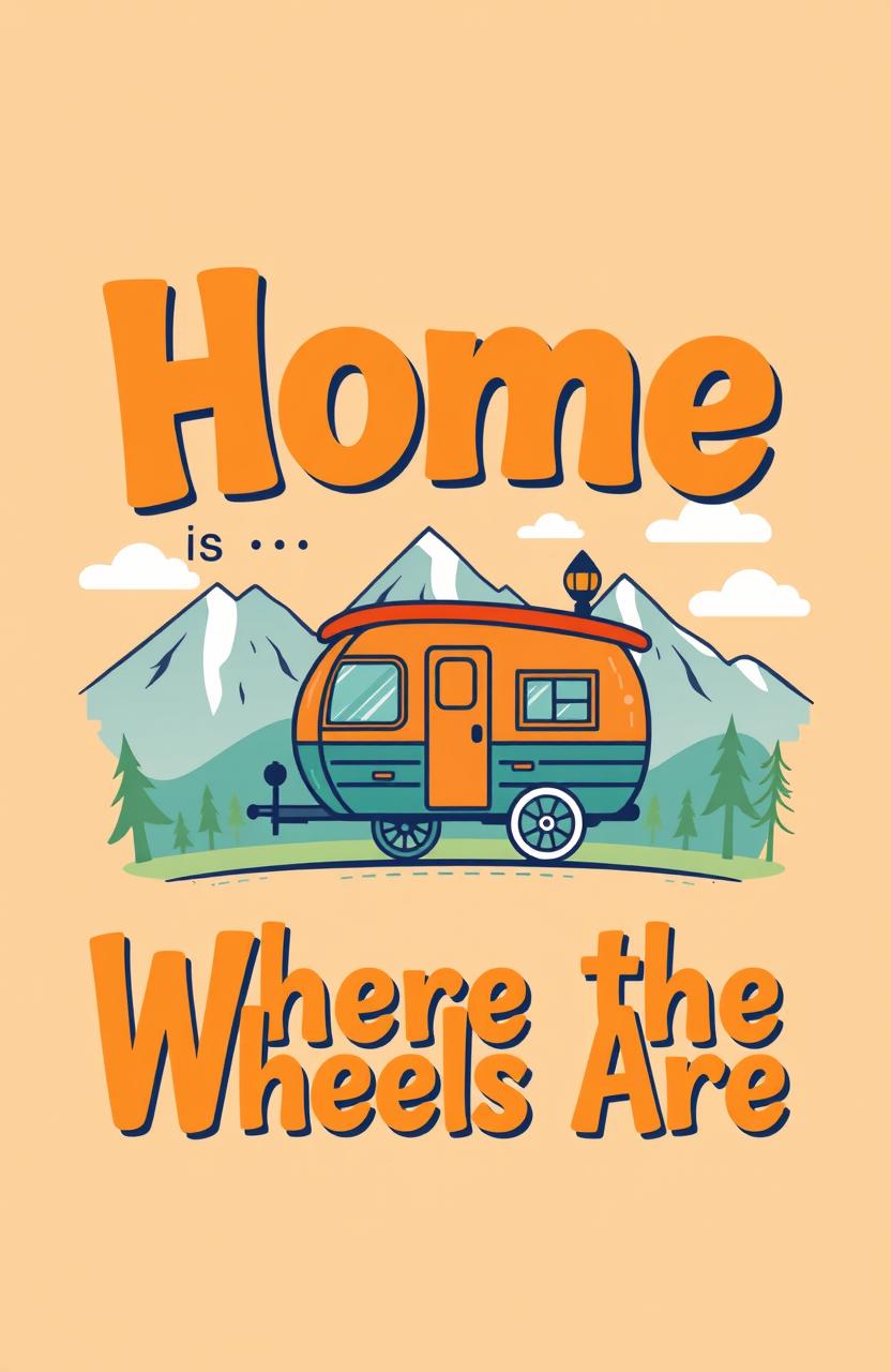 A vibrant and modern t-shirt design featuring the phrase "Home is Where the Wheels Are" in bold, playful typography