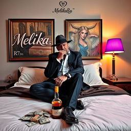A wealthy man sitting confidently on a luxurious bed, smoking a cigarette while wearing a stylish mobster hat