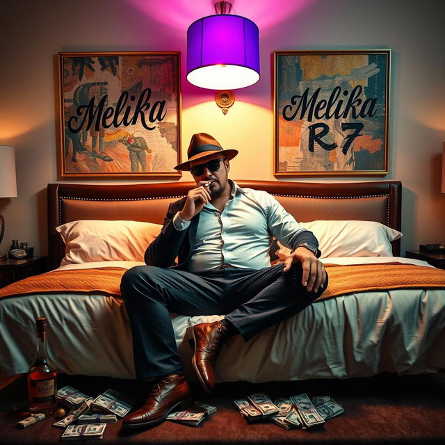 A wealthy man sitting confidently on a luxurious bed, smoking a cigarette while wearing a stylish mobster hat