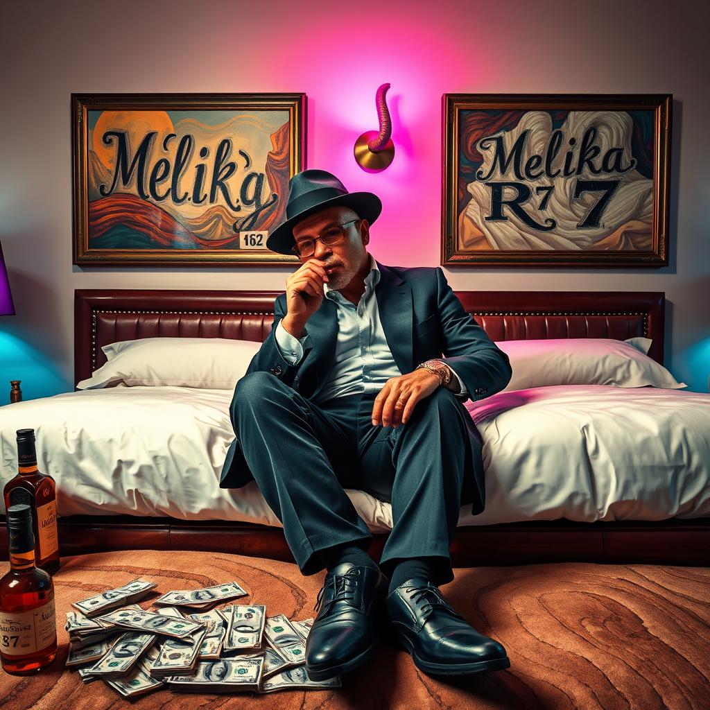 A wealthy man sitting confidently on a luxurious bed, smoking a cigarette while wearing a stylish mobster hat