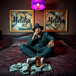 A wealthy man sitting confidently on a luxurious bed, smoking a cigarette while wearing a stylish mobster hat