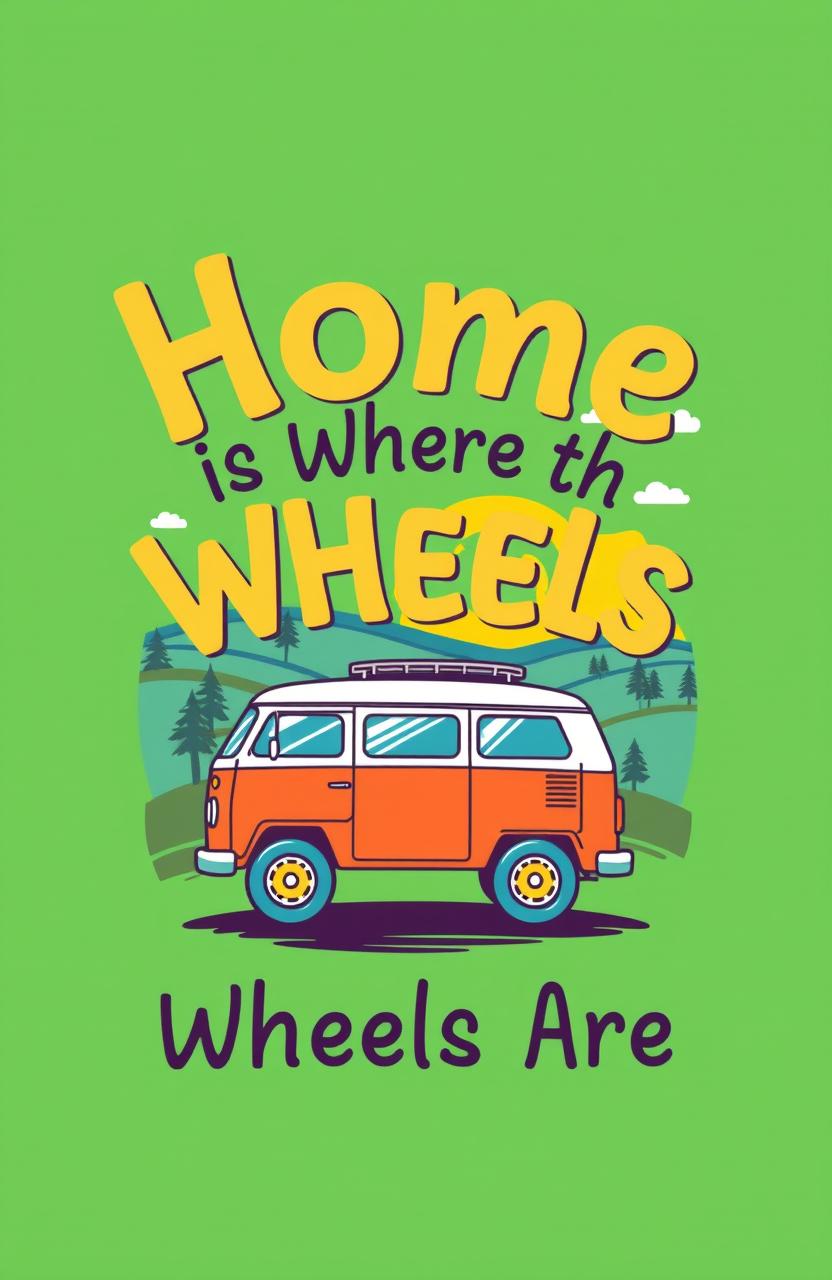 A stylish and eye-catching t-shirt design featuring the phrase "Home is Where the Wheels Are" in bold, artistic typography