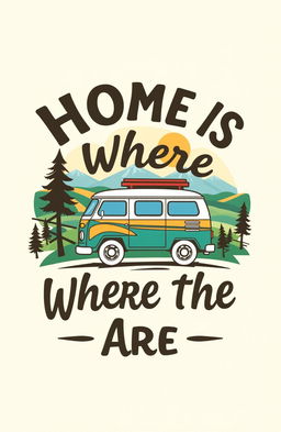 A stylish and eye-catching t-shirt design featuring the phrase "Home is Where the Wheels Are" in bold, artistic typography