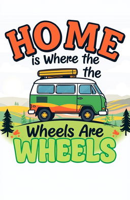 A stylish and eye-catching t-shirt design featuring the phrase "Home is Where the Wheels Are" in bold, artistic typography