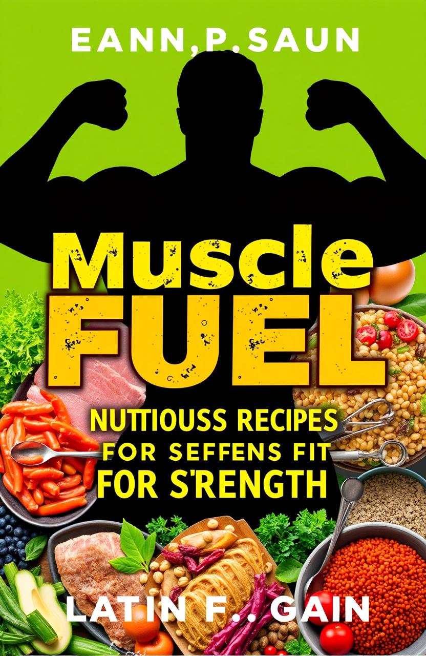 A vibrant and eye-catching cookbook cover designed for a fitness-focused audience, featuring a muscular silhouette in the background, overlaid with images of nutritious foods such as lean meats, colorful vegetables, legumes, and whole grains