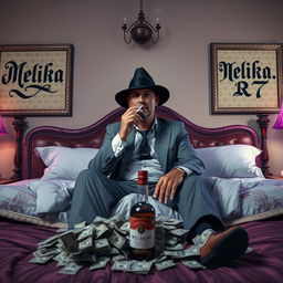 A wealthy man sitting on an opulent bed, smoking a cigarette while wearing a mobster hat that covers his entire face