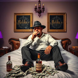 A wealthy man sitting on an opulent bed, smoking a cigarette while wearing a mobster hat that covers his entire face