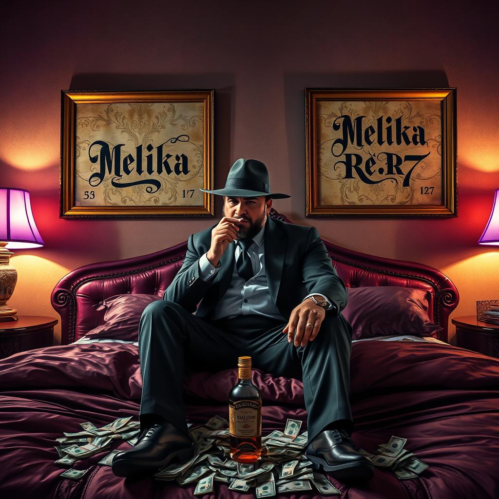 A wealthy man sitting on an opulent bed, smoking a cigarette while wearing a mobster hat that covers his entire face