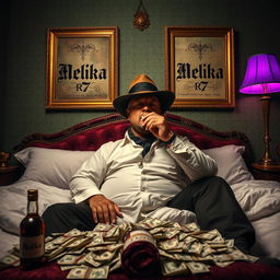 A wealthy man sitting on an opulent bed, smoking a cigarette while wearing a mobster hat that covers his entire face