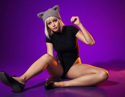 A striking blonde woman sitting confidently on the floor, wearing a small, bold black bodysuit and a playful cat-ear beanie