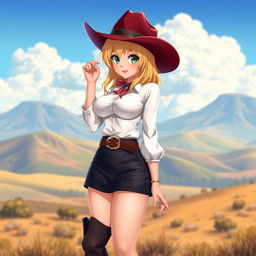 A 3D anime-style illustration of a sexy blonde cowgirl with medium length hair, wearing a dark miniskirt and dark short boots