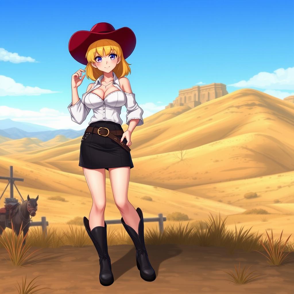 A 3D anime-style illustration of a sexy blonde cowgirl with medium length hair, wearing a dark miniskirt and dark short boots