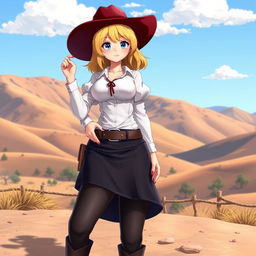 A 3D anime-style illustration of a sexy blonde cowgirl with medium length hair, wearing a dark miniskirt and dark short boots