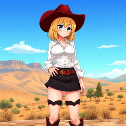 A 3D anime-style illustration of a sexy blonde cowgirl with medium length hair, wearing a dark miniskirt and dark short boots