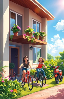 A vibrant and colorful scene depicting a cozy, modern home with bicycles and motorcycle parked outside