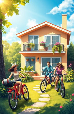 A vibrant and colorful scene depicting a cozy, modern home with bicycles and motorcycle parked outside