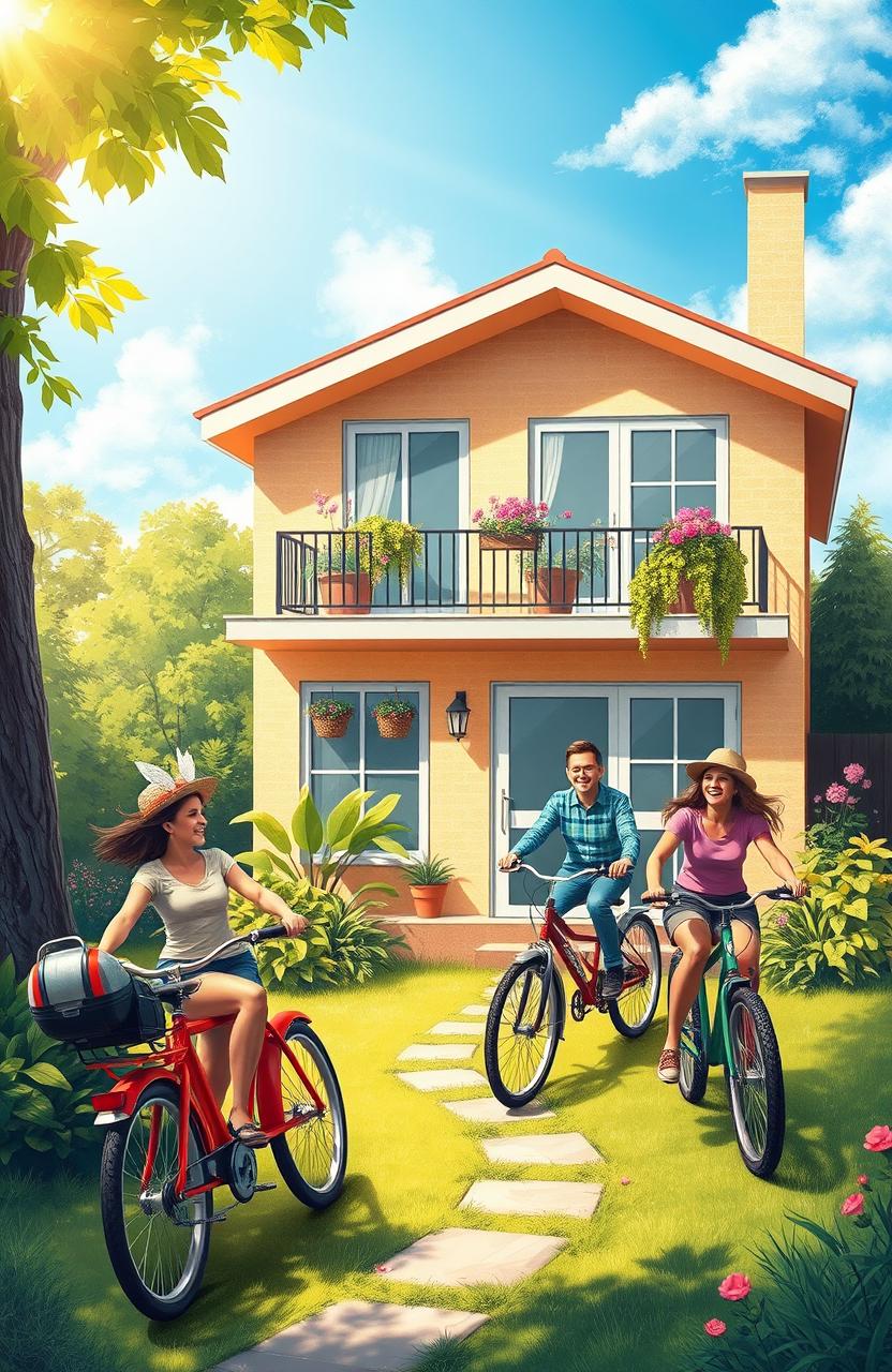 A vibrant and colorful scene depicting a cozy, modern home with bicycles and motorcycle parked outside