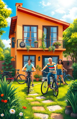 A vibrant and colorful scene depicting a cozy, modern home with bicycles and motorcycle parked outside