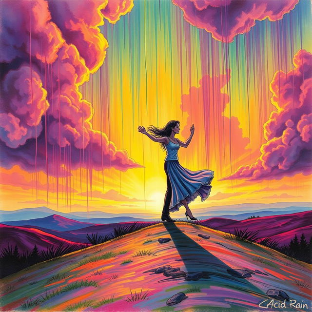A captivating drawing of two people dancing gracefully on a distant hill, surrounded by a dramatic sky that appears to be tumbling down in vibrant colors reminiscent of an acid rain theme