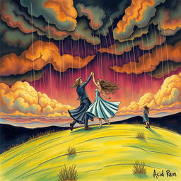 A captivating drawing of two people dancing gracefully on a distant hill, surrounded by a dramatic sky that appears to be tumbling down in vibrant colors reminiscent of an acid rain theme