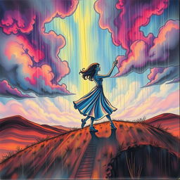A captivating drawing of two people dancing gracefully on a distant hill, surrounded by a dramatic sky that appears to be tumbling down in vibrant colors reminiscent of an acid rain theme
